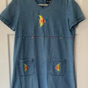 Vintage Blue J. Womens Short Sleeve Midi Denim Dress Size Petite M Colorful Fish